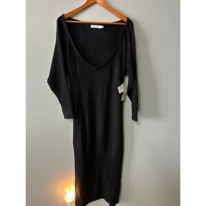 JustFab Black Ribbed Midi Dress 1X NWT V-Neck Long Sleeve Tie Back Stretch